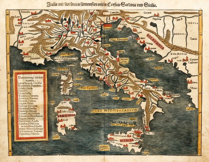 1544 Pictorial Map Italy Corsica Sardinia Sebastian Munster 11x14 Wall Art Print