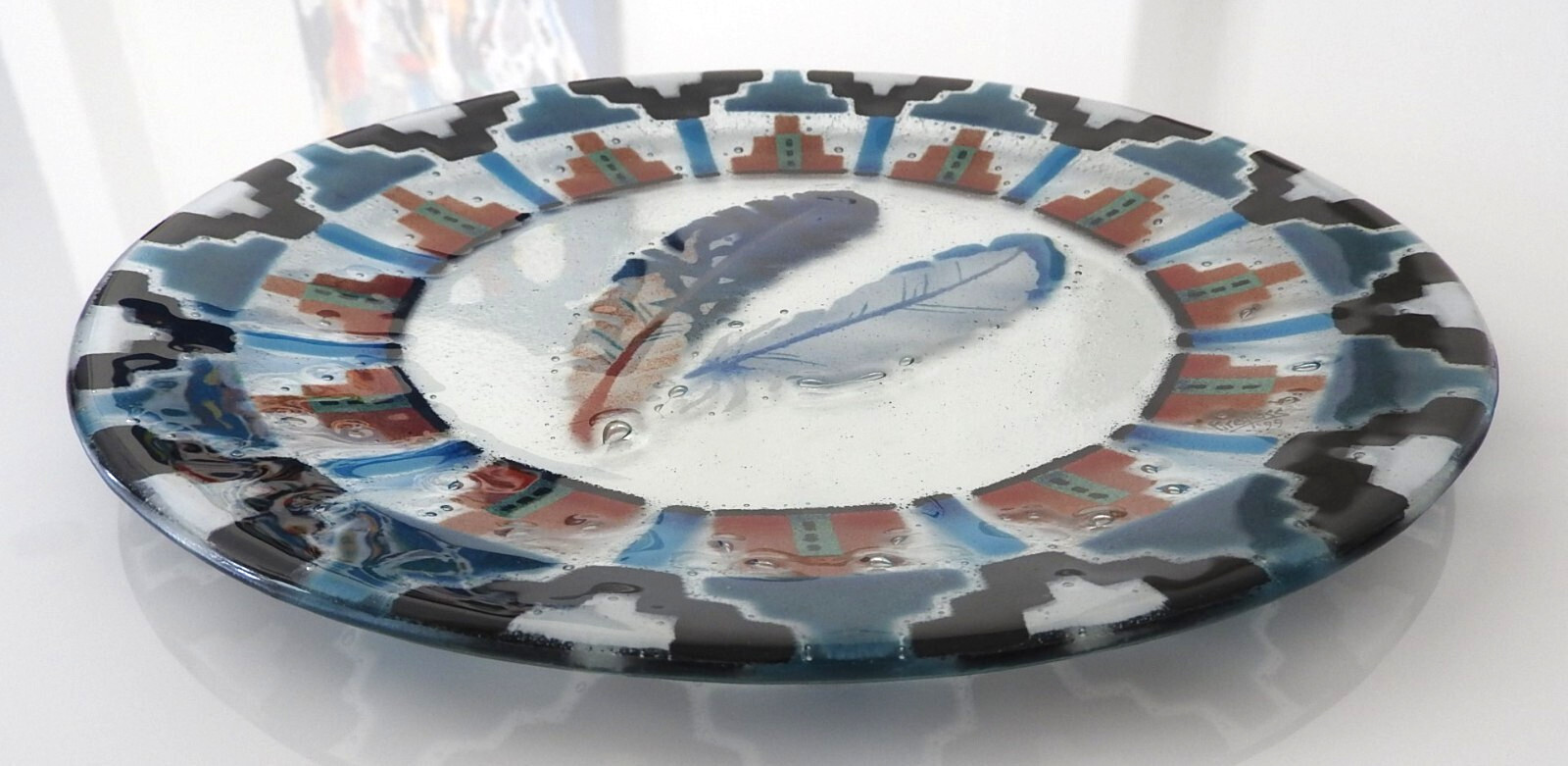 Vintage Fireglass Studio Handmade Fused Art Glass Feather Plate Signed/Dated '99