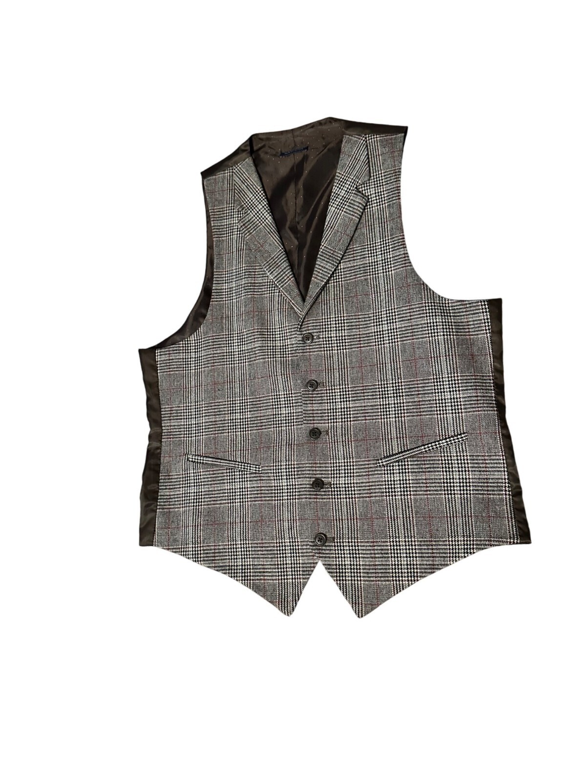Madison Mens Medium Glen Plaid Vest Brown Satin Back & Dotted Lining Irish Style