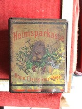 antike Sparkasse Blech Spardose Bauer Spr&uuml;che Weisheiten um 1900 Metall