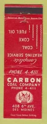 Matchbook Cover - Carbon Coal Company Des Moines IA WEAR