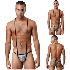 Men's Shiny Metallic Printed Micro Leotard Spaghetti Straps Jockstraps Bodysuit