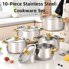 10-Pcs Stainless Steel Pot Set w/Lids Colorful Cooking & Soup Pots Kitchen Gift