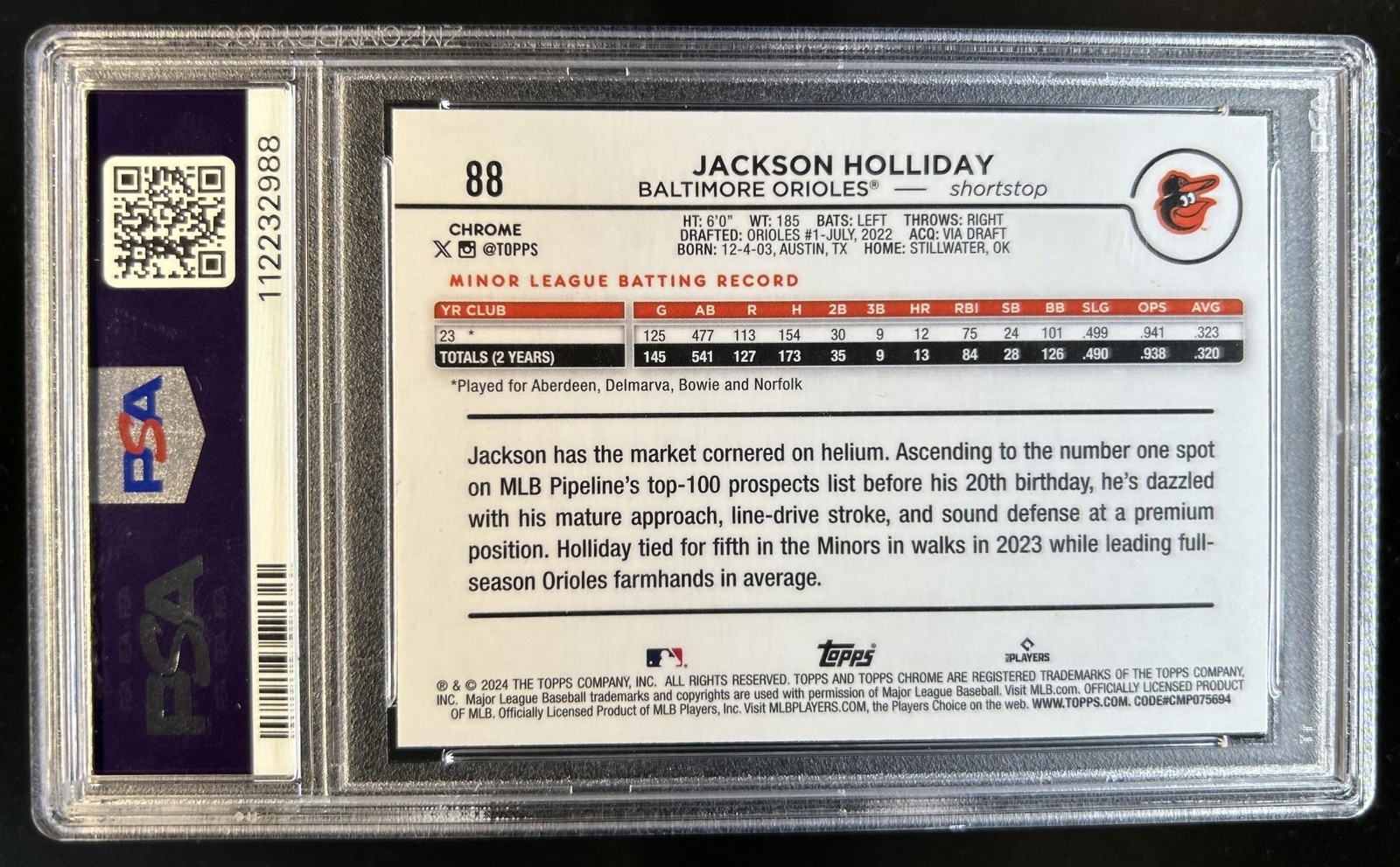 2024 Topps Chrome Jackson Holliday RC Raywave Refractor Rookie #88 Orioles PSA 9 view 2