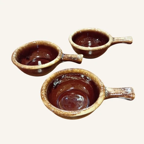 Vintage HULL USA Pottery Brown Drip Glaze Handled SOUP BOWL Oven Proof Lot Of 3