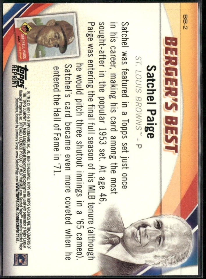 2016 Topps #BB-2 Satchel Paige Berger's Best (Series 1) 1953 Browns - Image 2 of 2