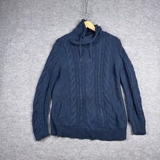 LL Bean Sweater Womens Large L Blue Fisherman Cable Knit Cowl Funnel Neck
