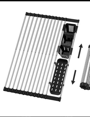 Expandable Stainless Steel Dish Drying Rack, Silver/Black, Large, Utensil Holder