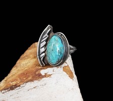 Vintage 1960s Navajo Sterling Silver Feather w/ Turquoise Ladies Ring Size 5