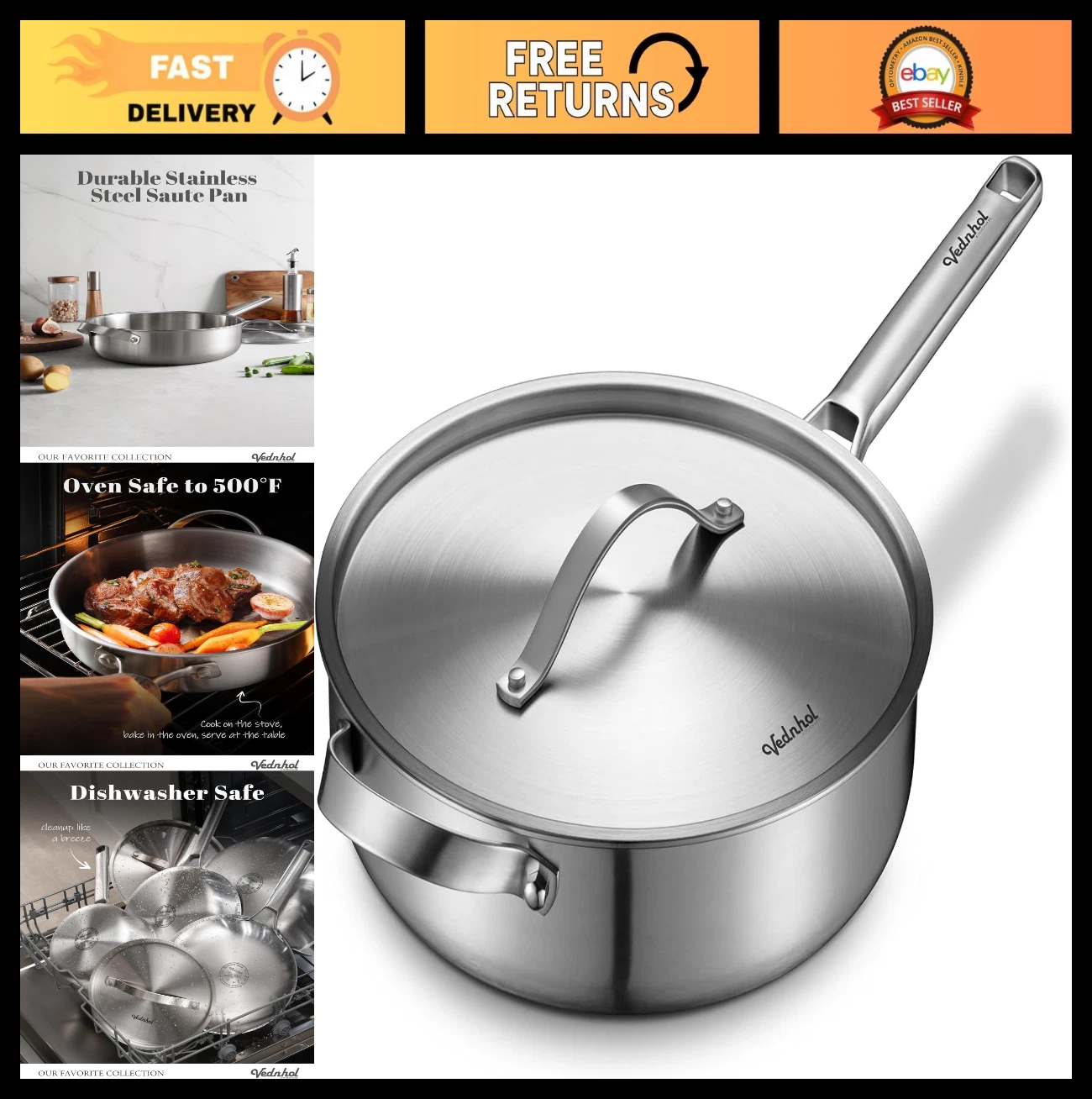 6-Quart Stainless Steel Sauté Pan with Lid, 12-Inch Deep Skillet, Oven & Dishwas