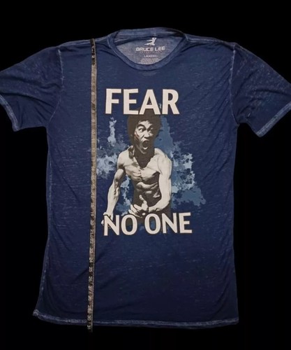 Retro Bruce Lee Herren T-Shirt Large Fear No One Blau Kurzarm Transparent - Bild 5 von 7