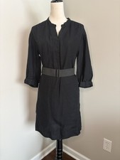 Vince 100% Linen Black 3/4 Sleeve Removable Belt Mini Shirt Dress Size XS