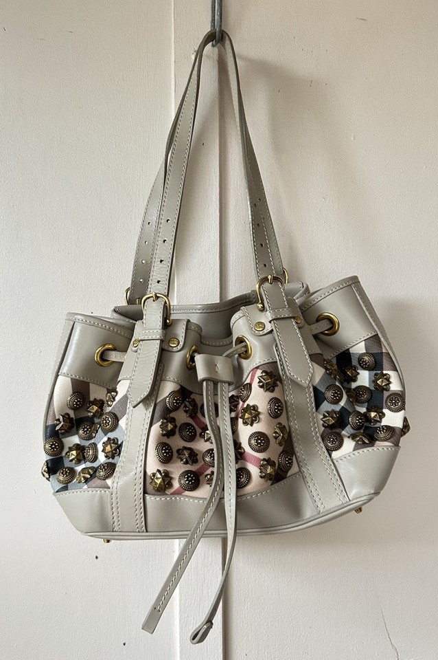 Burberry Grey Nova Check Studded  Leather Warrior Hobo Bag Y2K 2008