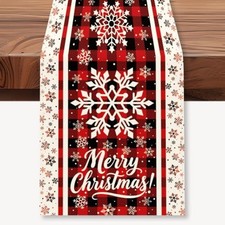 Merry Christmas Snowflakes Table Runner, 13x72 Inch Snowflakes Buffalo Plaid