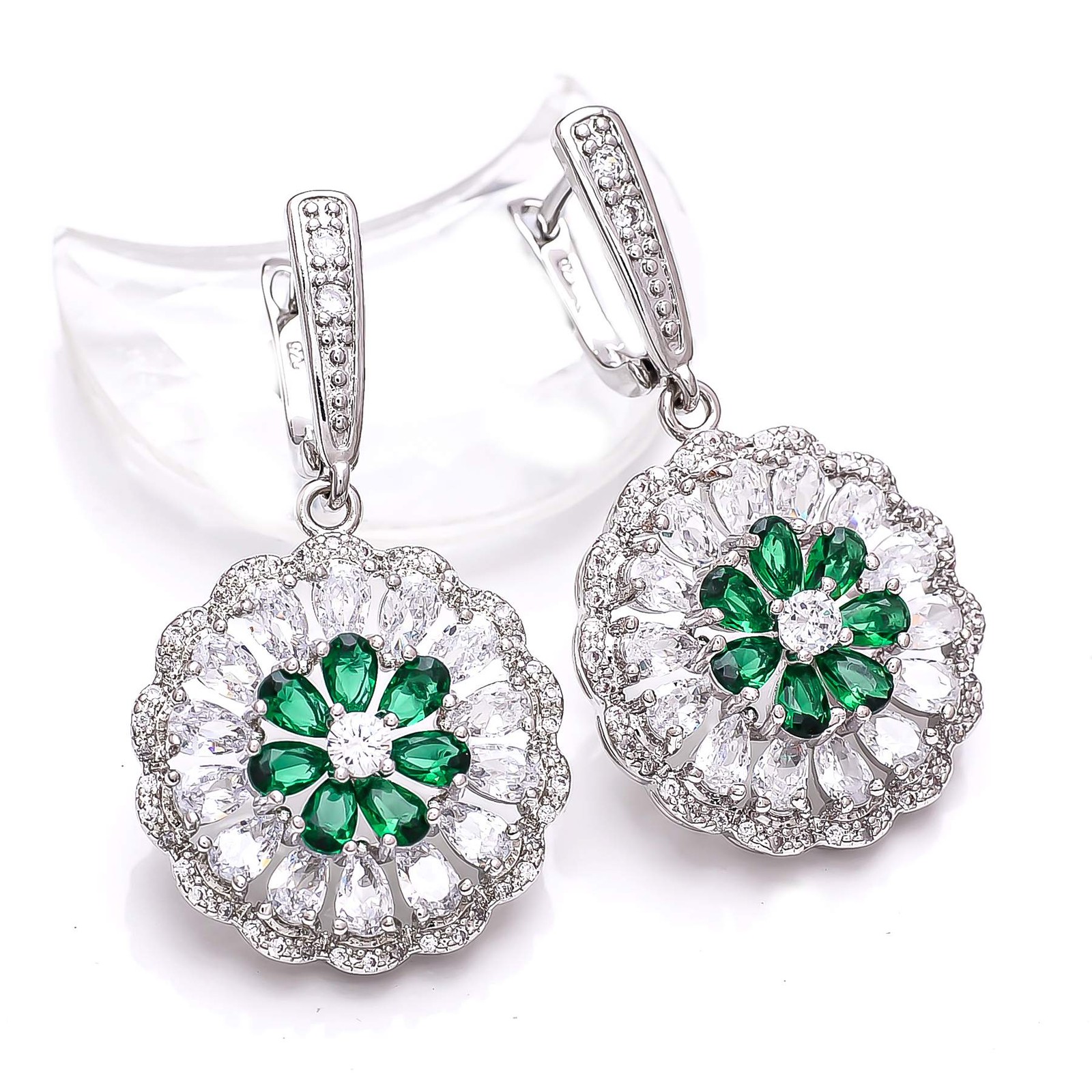 Sterling Silver Emerald Simulated Flower Earrings with CZ 1.75 Inch E7736