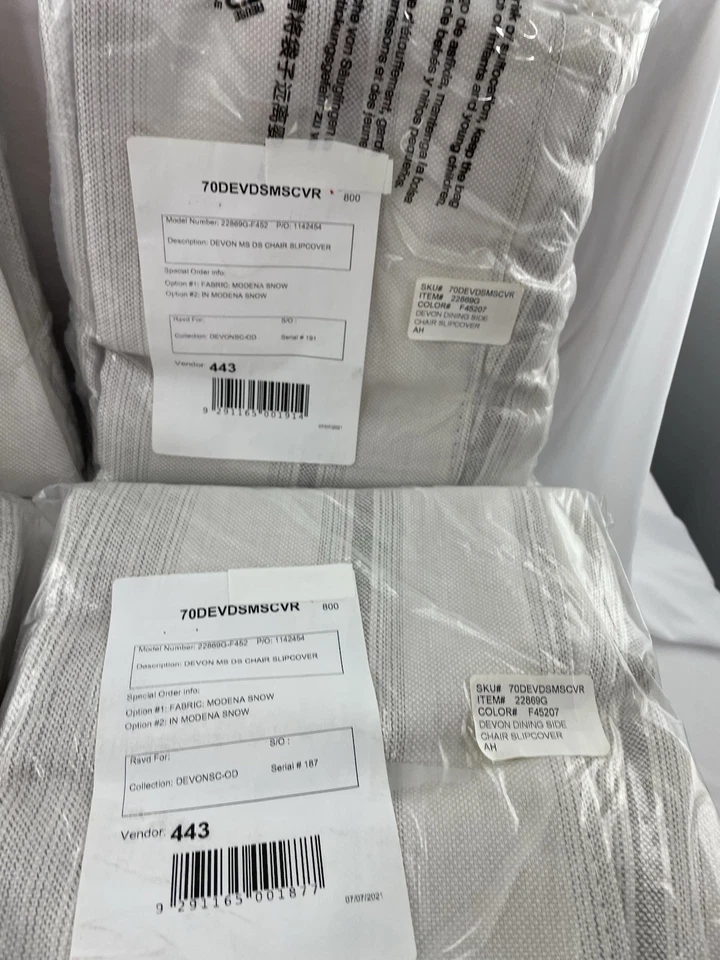 Set of Four ( 4 ) Devon Dining Chair Slipcovers in Fabric Modena Snow- NEW - Image 4 of 4