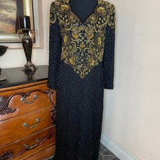 Vintage 1980s art deco black and gold beaded sequin silk Scala evening gown