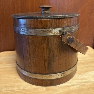 Basketville Putney Vermont Wooden Ice Bucket w Lid Brass Band Liner Rustic Bar