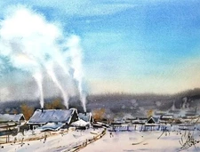 Original Watercolor Winter Landscape Painting, Snowy Countryside Art, 9x12 in