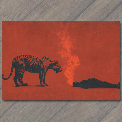 POSTCARD Tiger Stands Before Flame Breathing Man Surreal Red Background Dramatic