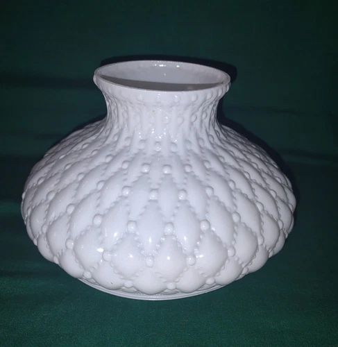 VTG White Milk Diamond Quilted Glass Student Kerosene Oil Lamp Shade 7" Fitter