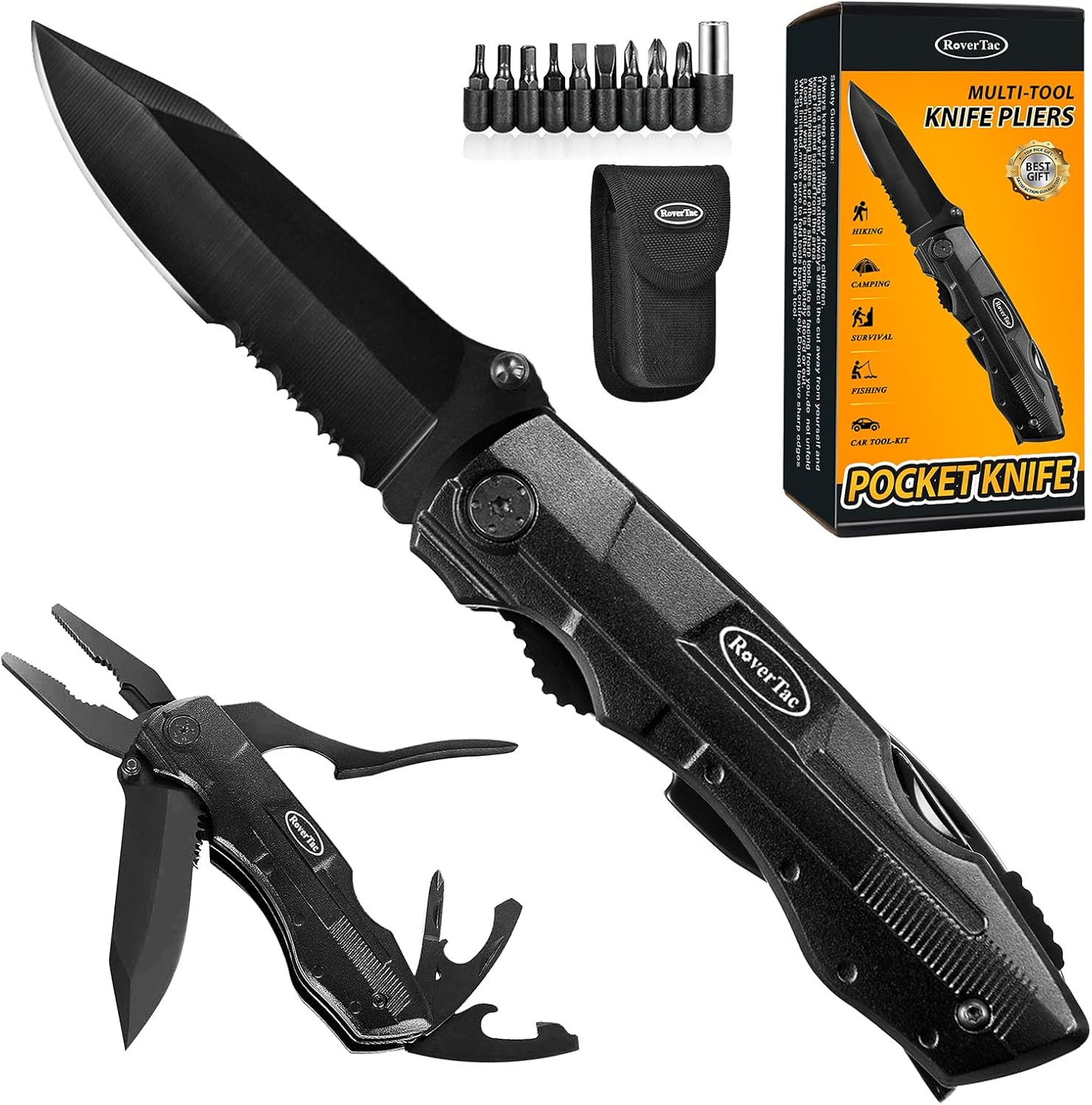 Coltello Pieghevole Multiuso da Trekking: Pinza Multitool Acciaio Nero
