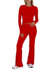 Women's Workout 2 Piece Lounge Sets Long Sleeve Tops Foldover Flare Pants Cas...