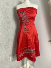 Red Strapless Satin Dress Floral Embroidery Y2K Party Evening M