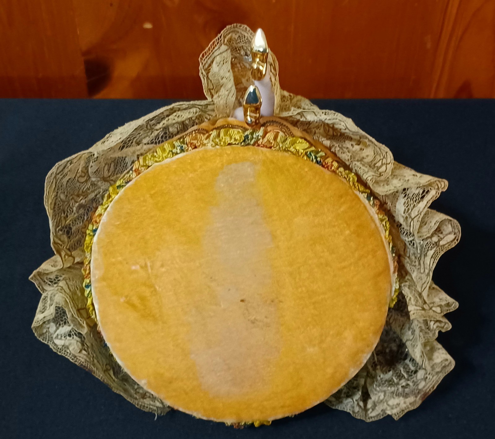 Antique Half Doll Porcelain Pin Cushion Hands/Legs/Hair/Brown Velvet Lace Dress 