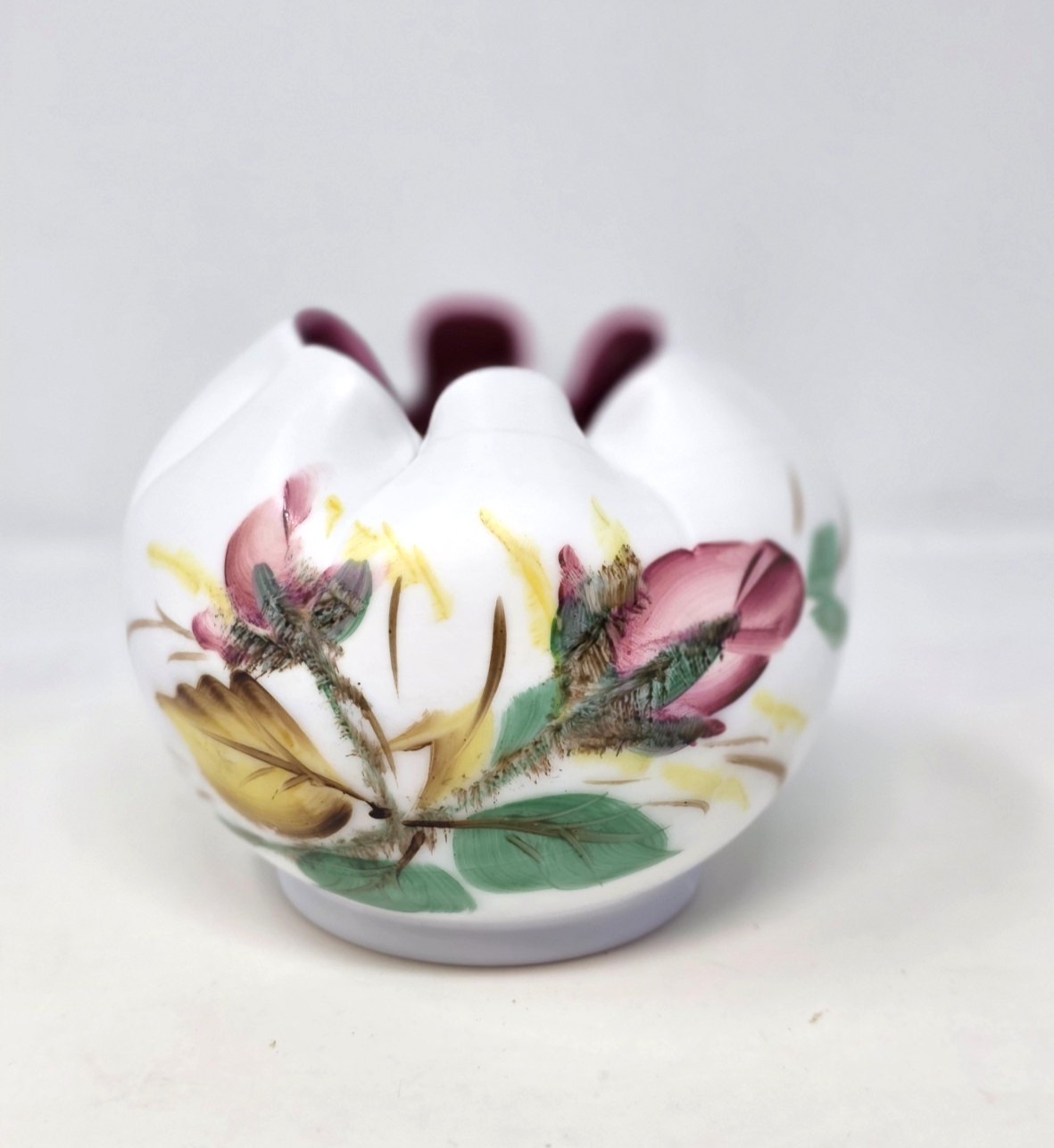 Vintage Hand Painted Satin Glass Rose Bowl Vase White Cranberry Interior Fenton