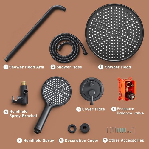 SSWW Sistema Doccia NERO OPACO, 10" Miscelatore Pioggia Doccia Combo Set, Doccia a Pioggia - Foto 8 di 8