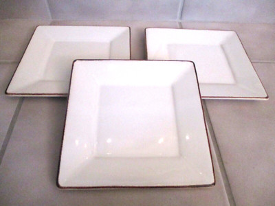 3 Sakura ECLIPSE PEARL Port O' Call 8'' Square Salad Plates Pearl w/Brown Edge