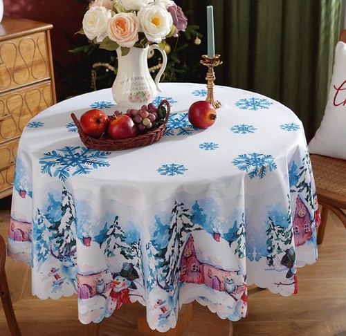 Blue Snowflakes Table Cover Fabric Tablecloth Round Tablecloth - Picture 4 of 9