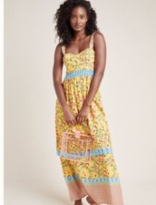 84. Anthropologie Farm Rio Anjou Maxi Dress Yellow Orange Motif $240 NWT 12