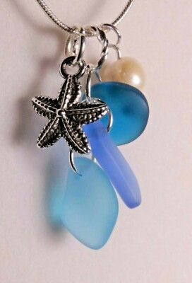 DEEP OCEAN BLUES Sea glass jewelry handmade  cluster w STARFISH + PEARL Necklace