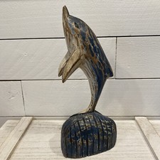 Coastal Blue Hand-Carved Wood Jumping Dolphin Statue Sculpture Distressed 10