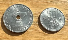 2 coins: 1952 and 1980 Laos Aluminum 50