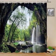 Waterfalls Landscape Shower Curtains 70x70, Forest Cave Nature Scenery Decor