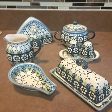 Blue Rose Polish Pottery Tulip -  Butter Dish, Spoon Rest,  Creamer, Sugar, Napk