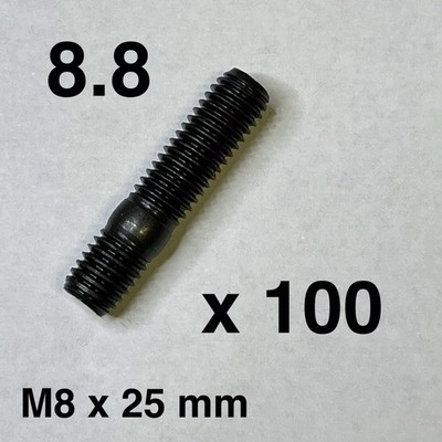 (100-ct) M8 x 25mm DIN 939 Double Ended Stud Bolts   Grade 8.8 Steel   NEW!
