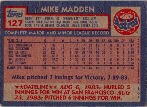 1984 Topps #127 Mike Madden - Foto 2 di 2