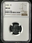 1943  1C Lincoln Wheat One Cent  NGC MS66  6553417-066