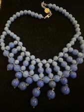 Vintage ZAD Ombre Blue Glass Bead Bib Necklace 16-19”