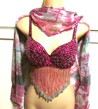 Belly Dance 2 pc Costume - Fuchsia Beaded Bra With Dangle Fringe 36B  Cover-up