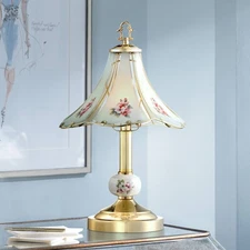 Traditional Accent Table Lamp 16" High Brass Floral Glass Touch On Off Bedroom