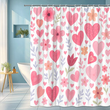 Cute Floral Pink Hearts Shower Curtain for Kids Bathroom Decor