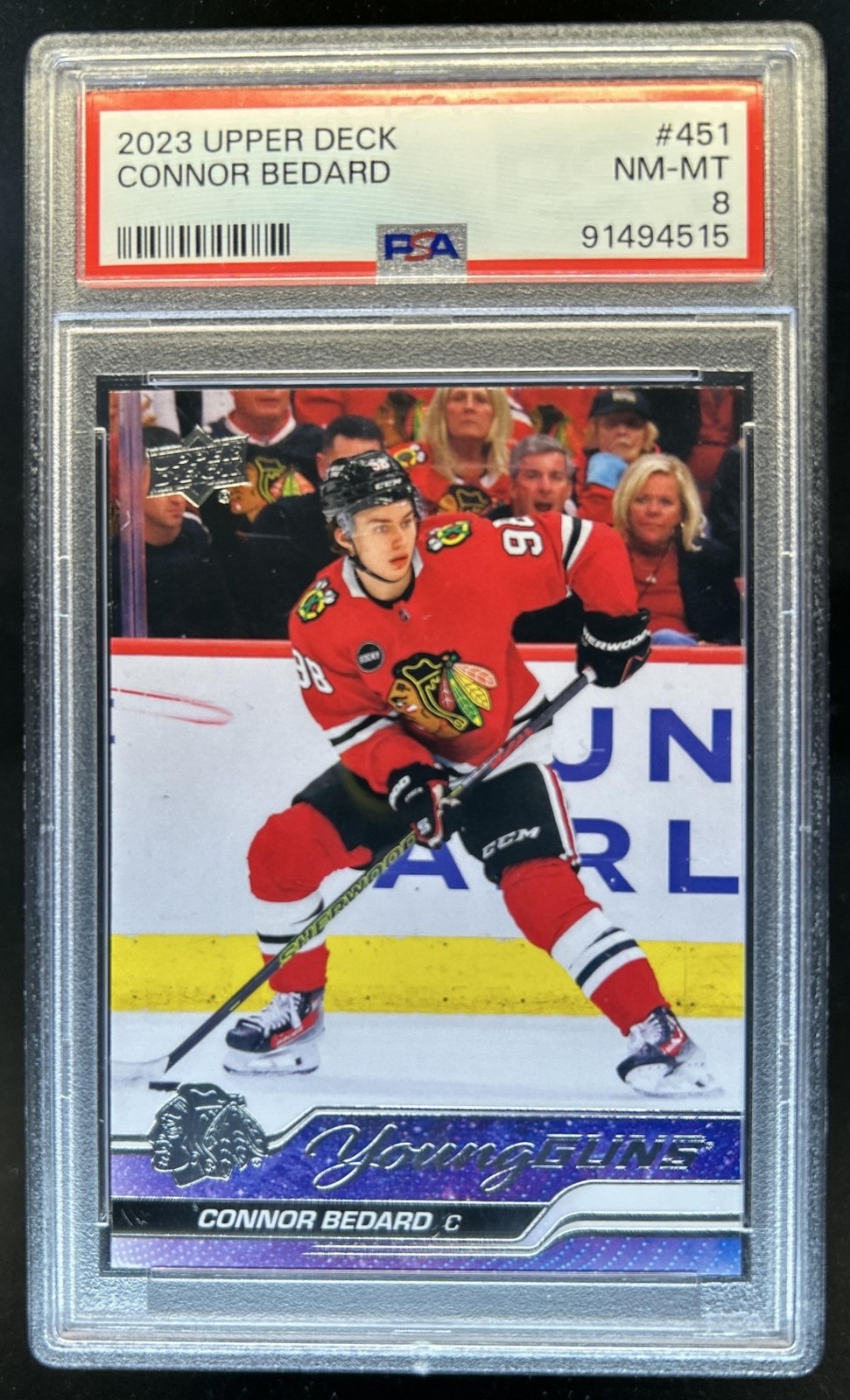 2023-24 Upper Deck Connor Bedard Rookie RC Young Guns #451 Blackhawks PSA 8
