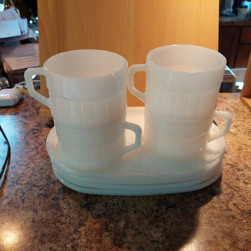 Vintage Fire-King Snack Plate & Cup Set 8/PC.  White Milk Glass Rare Pattern