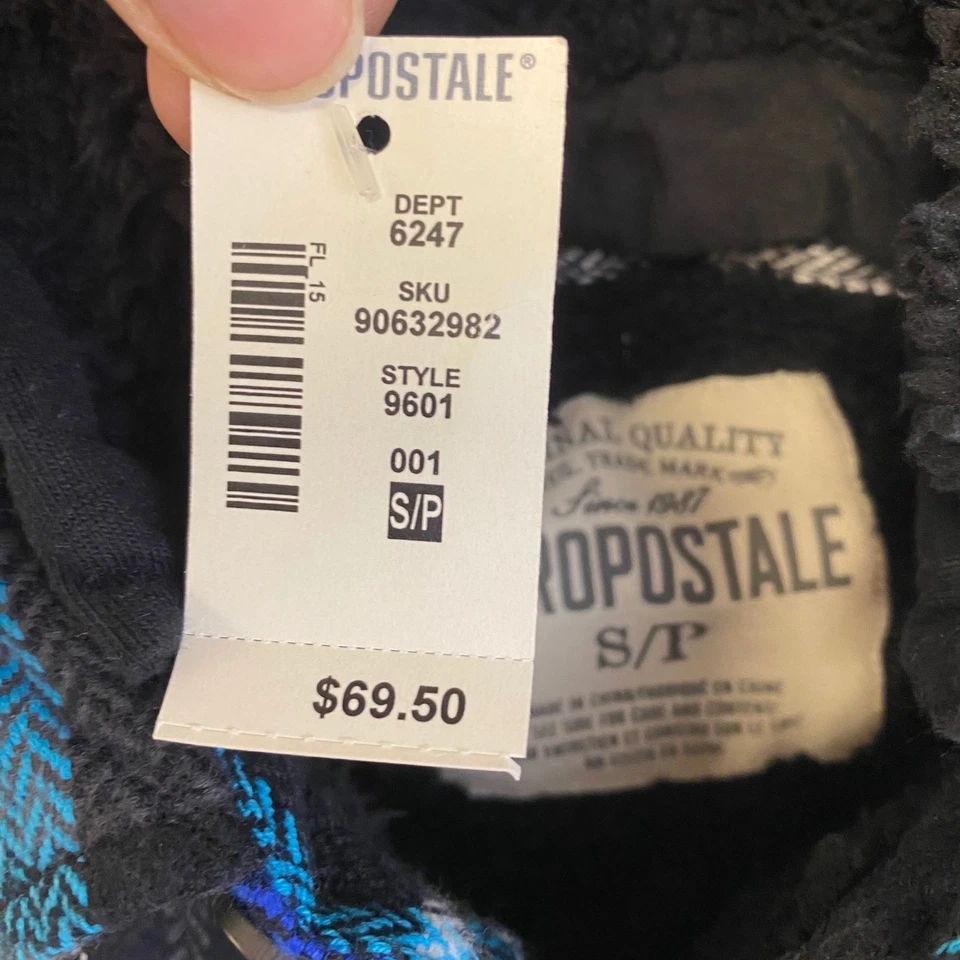 AEROPOSTALE Plaid Flannel Hoodie Shirt Jacket Blue Black S/P Sherpa Lined - Image 3 of 4