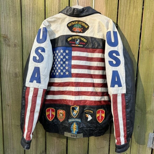 VTG Vietnam Veteran Leather Jacket Mens 4XL USA Flag MACV-SOG Patch American Top image 3